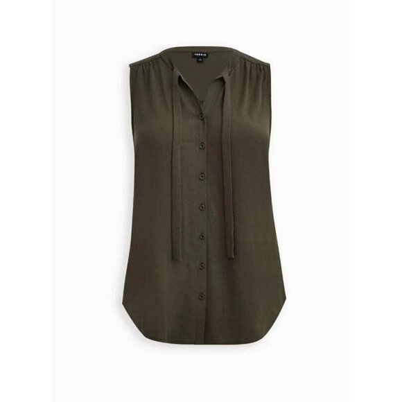 Torrid Womens Sleeveless Button-Front Olive Tie Neck Blouse Size 2 - Picture 1 of 11